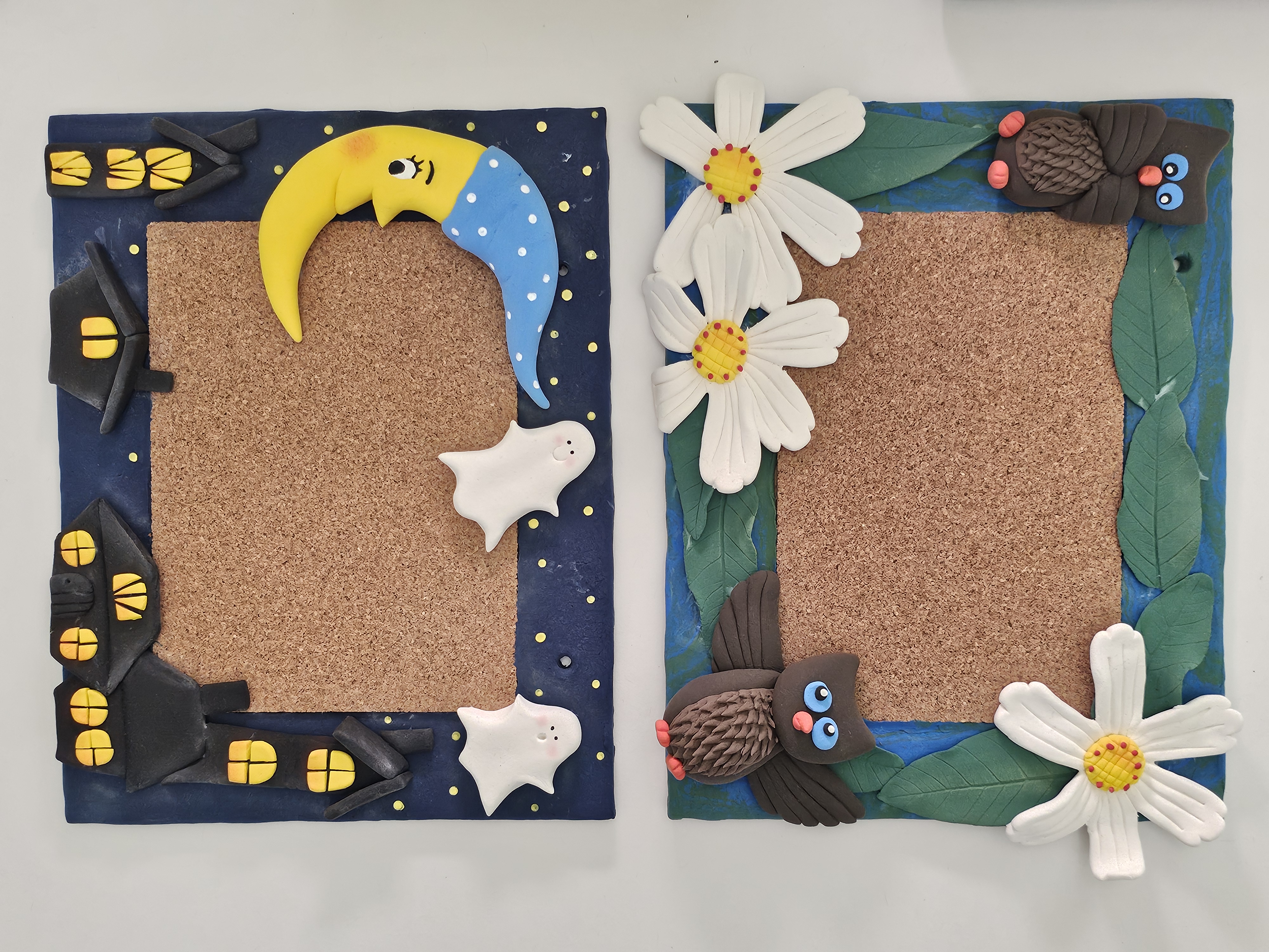 Keepsake cork frames with owls, daisies, moon and ghosts